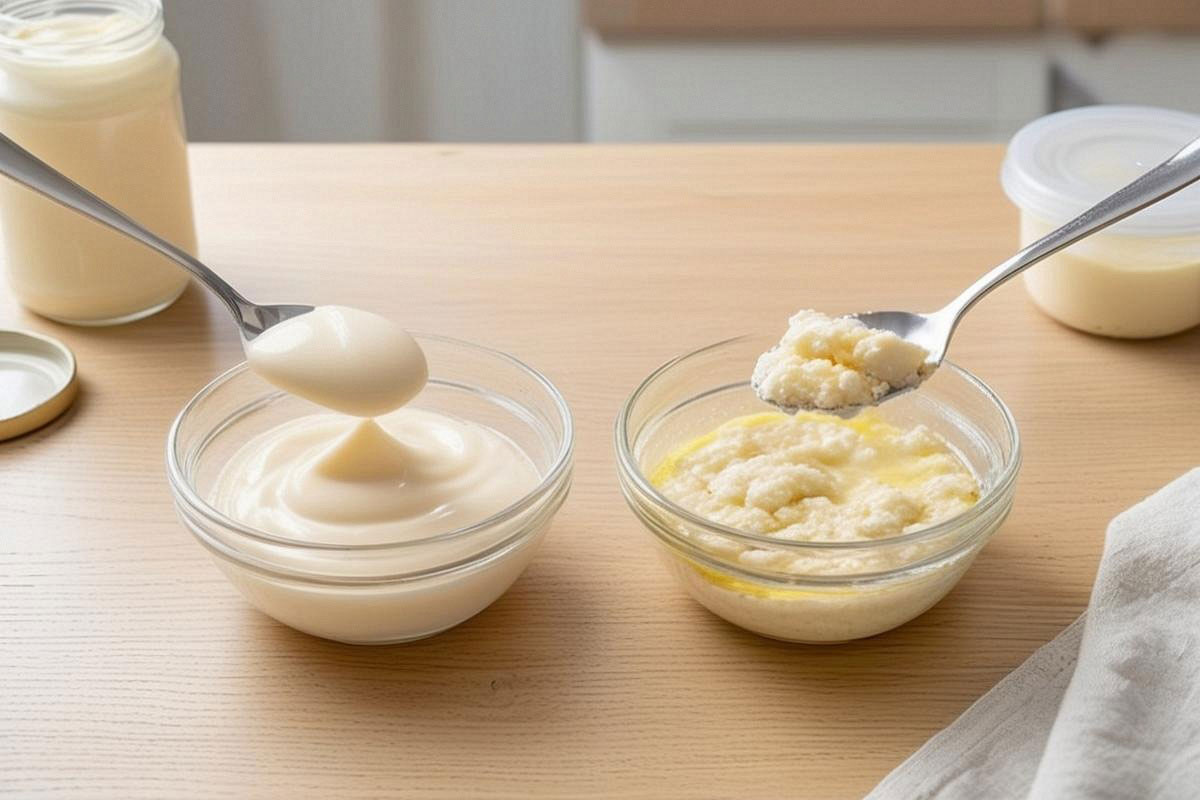 bol de mayonnaise fraîche, lisse et crémeuse placé à côté d’une mayonnaise décongelée séparée en huile et en petits amas granuleux