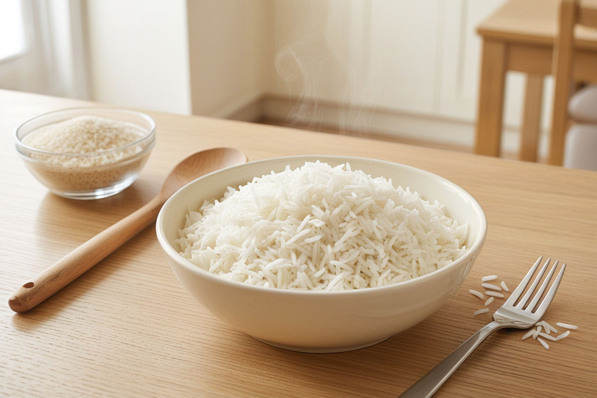 bol de riz blanc cuit avec des grains parfaitement séparés, placé sur une table en bois clair, accompagné d’un petit bol de riz cru et d’une cuillère en bois.