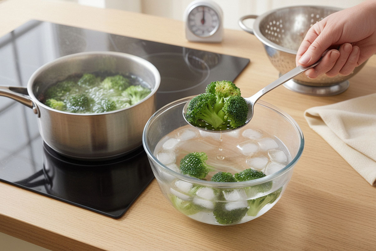 bouquets de brocoli retirés d’une casserole d’eau bouillante puis plongés immédiatement dans un grand saladier rempli d’eau et de glaçons