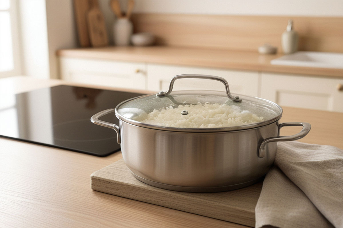 casserole de riz cuit retirée du feu et couverte d’un couvercle, posée sur un dessous-de-plat pendant le temps de repos.