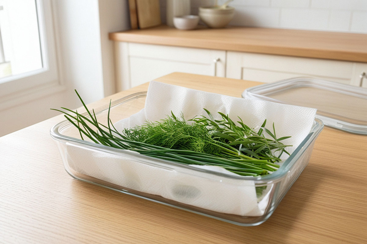 ciboulette, aneth et estragon enveloppés délicatement dans du papier absorbant légèrement humide, placés dans une boîte transparente ouverte.