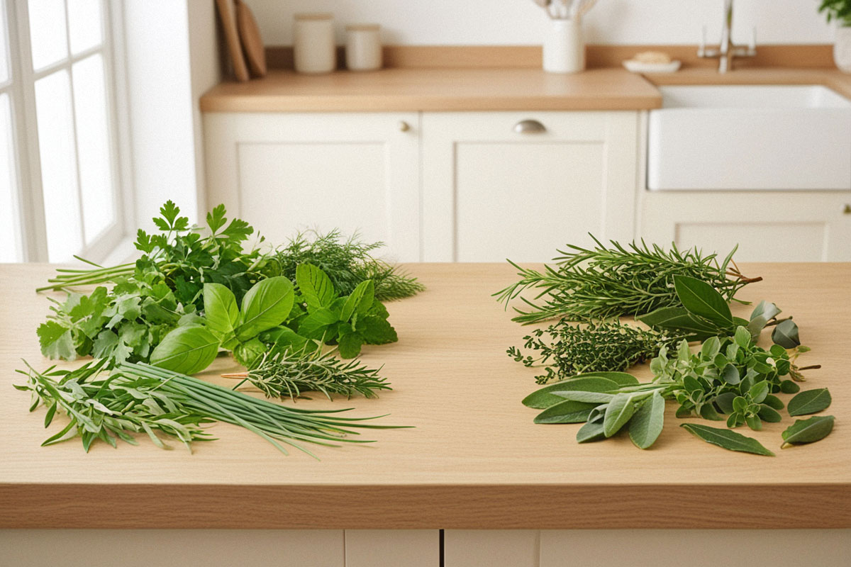 comparaison visuelle entre des herbes tendres, comme le basilic, le persil et la coriandre, et des herbes robustes, comme le thym, le romarin et la sauge.