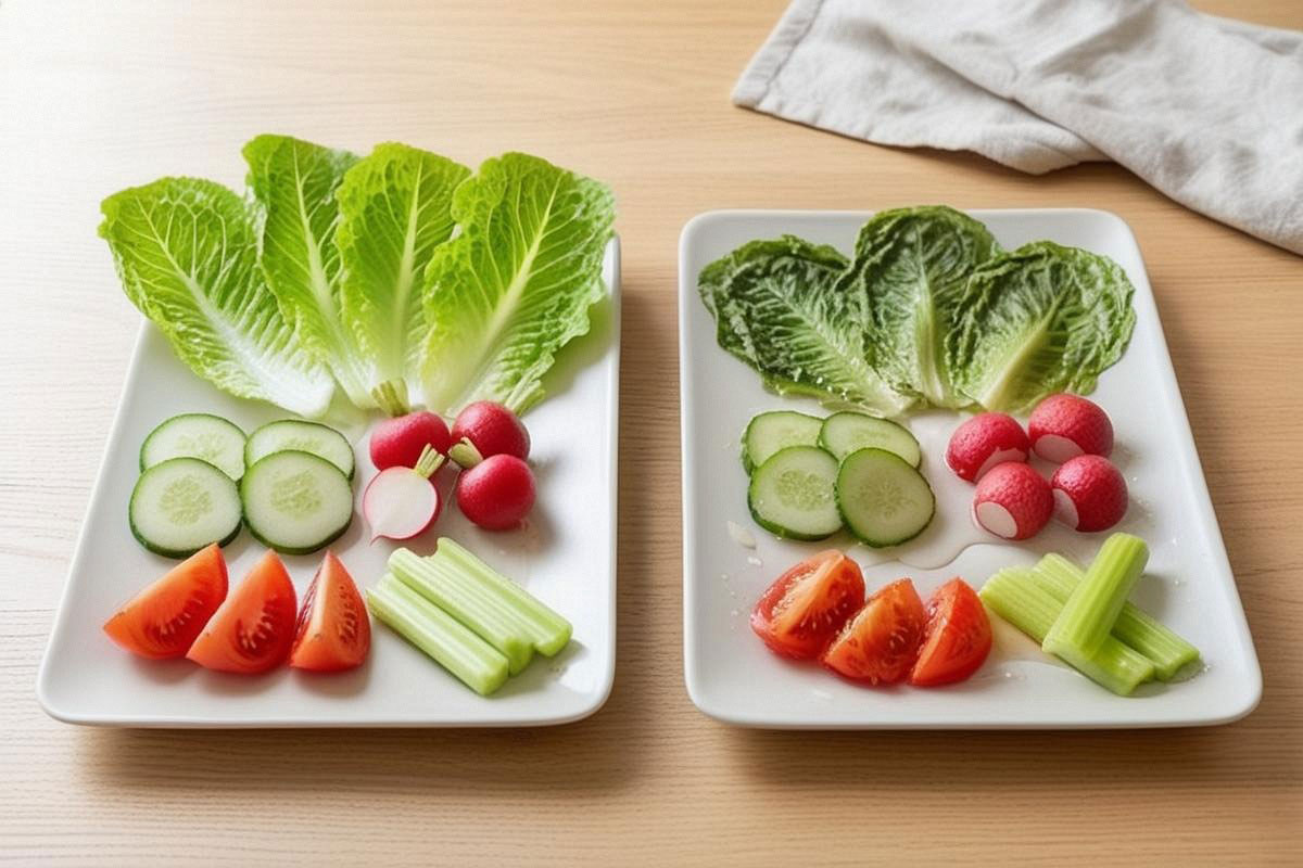concombre, radis, feuilles de laitue, tomates et branches de céleri présentés frais à côté des mêmes aliments décongelés, visiblement mous et aqueux