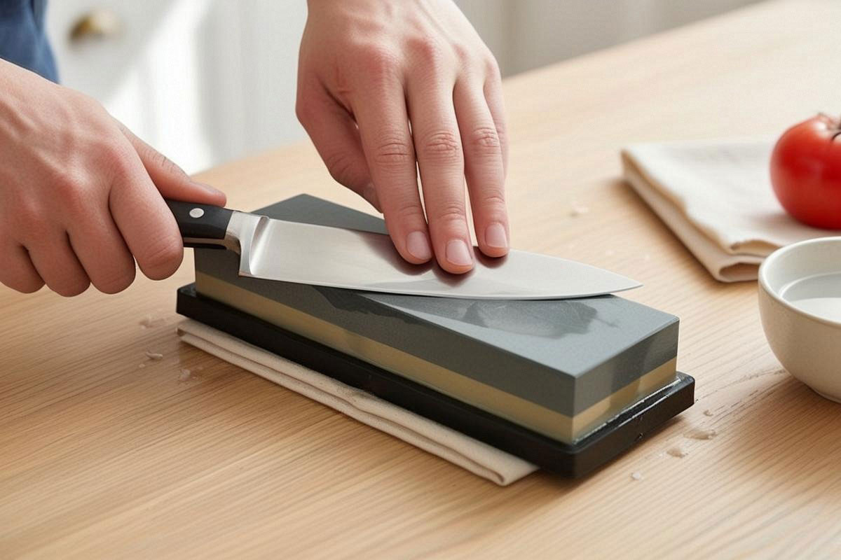 couteau de chef entretenu sur une pierre à aiguiser humide, avec angle stable et mouvements contrôlés