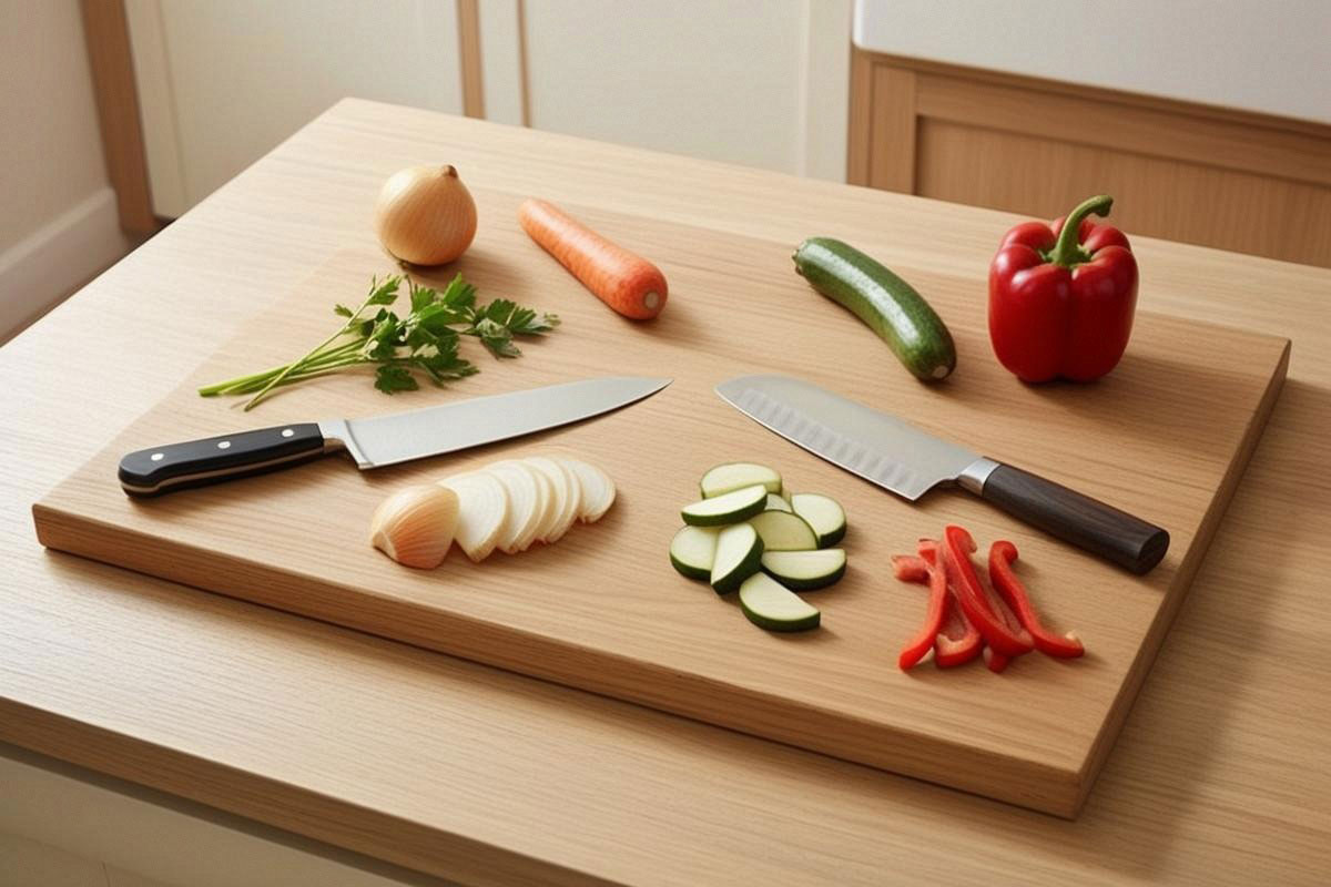couteau de chef et santoku placés côte à côte, avec leurs profils de lame clairement visibles et plusieurs légumes découpés proprement