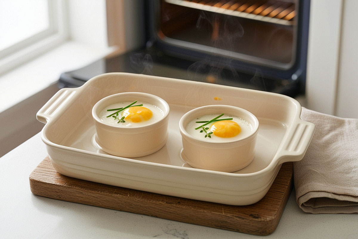 deux œufs cocotte dans des ramequins en céramique, cuits au bain-marie avec un blanc pris et un jaune encore légèrement coulant.