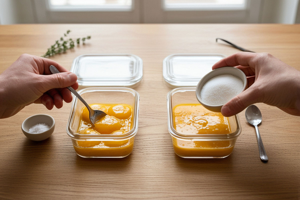 deux petits contenants de jaunes d’œufs battus, l’un accompagné d’une pincée de sel pour les recettes salées et l’autre de sucre pour les desserts