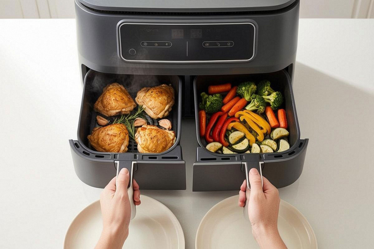 double Air Fryer préparant simultanément du poulet rôti dans un panier et des légumes colorés dans l’autre
