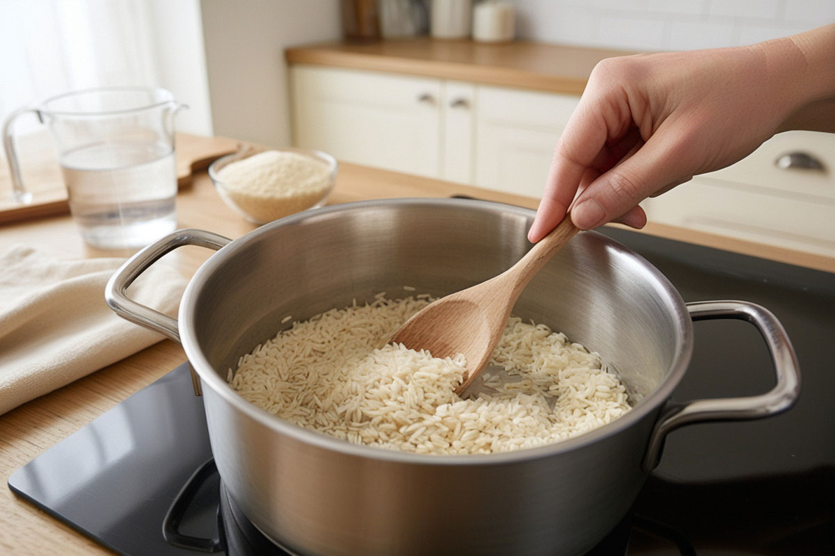 grains de riz basmati légèrement translucides revenus dans une casserole avec une fine couche d’huile, remués délicatement avec une cuillère en bois.