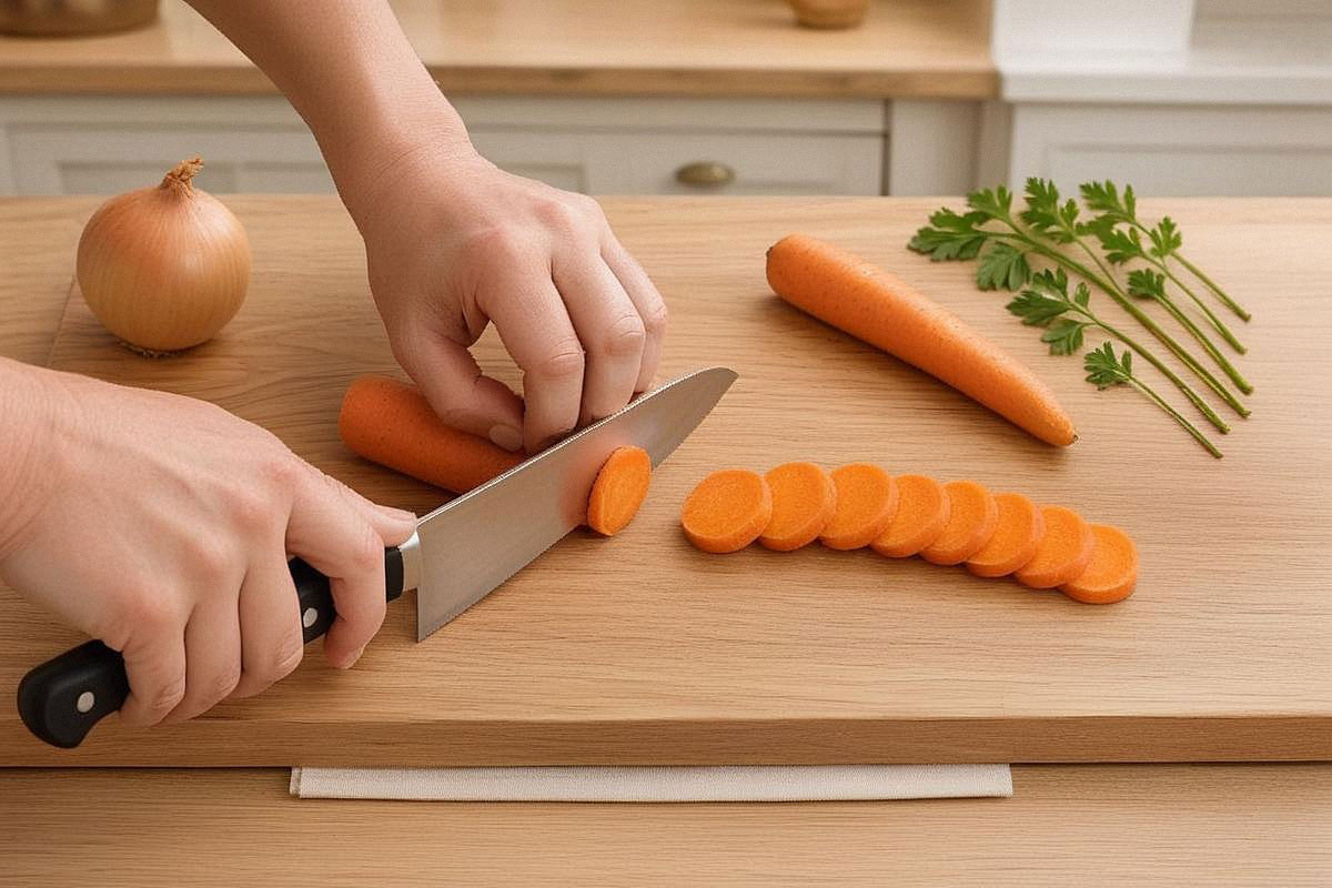 grand couteau de chef posé à côté d’une planche en bois stable, avec carottes, oignon et herbes partiellement découpés, dans une cuisine lumineuse