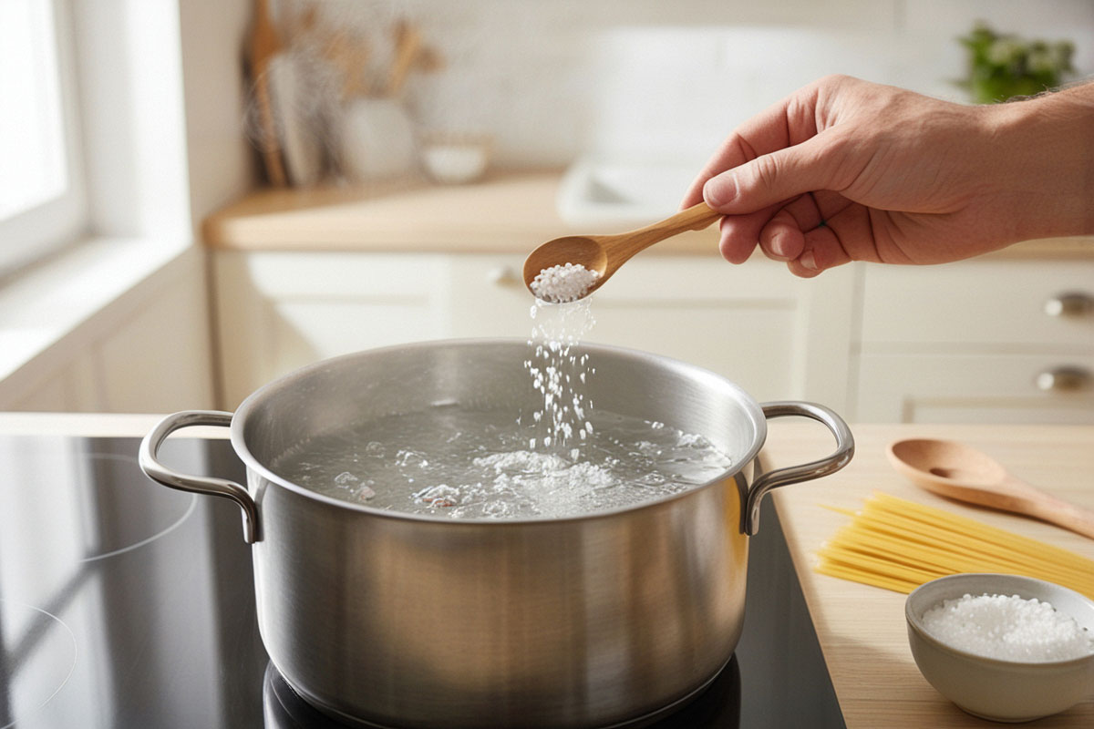 grande casserole d’eau frémissante sur une plaque de cuisson, main versant du gros sel dans l’eau, avec des spaghetti secs et une cuillère en bois disposés à proximité.
