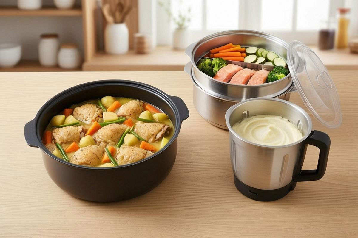grande cuve de multicuiseur remplie d’un plat familial à gauche, et bol plus compact de robot cuiseur accompagné de son panier vapeur à droite