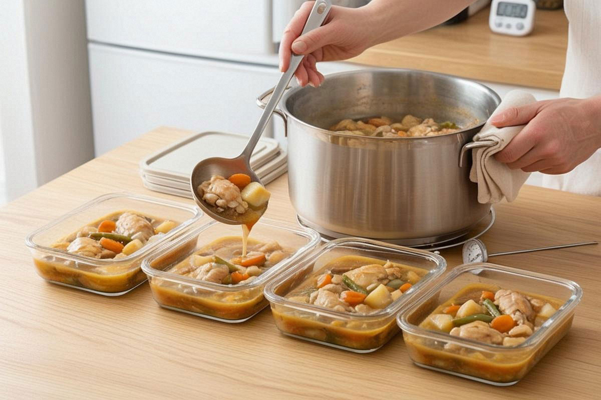 grande marmite de plat cuisiné répartie dans plusieurs boîtes transparentes peu profondes afin d’accélérer le refroidissement avant la réfrigération.