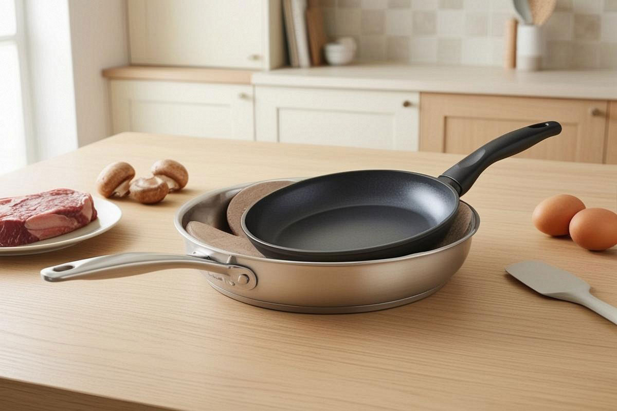 grande poêle en inox de 28 centimètres et petite poêle antiadhésive de 22 centimètres rangées ensemble, avec une protection entre elles