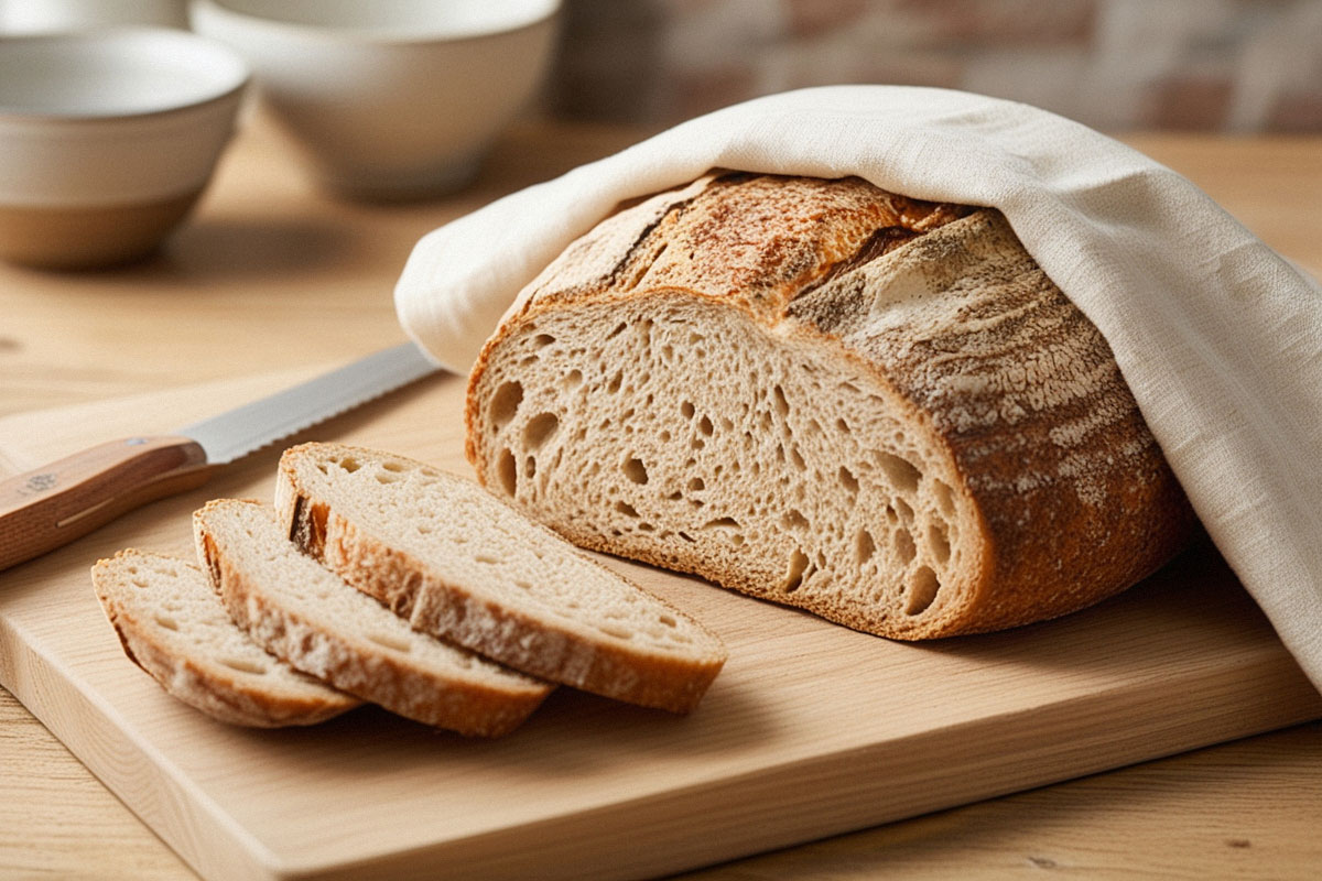 gros pain rustique entamé, posé sur sa face coupée contre une planche en bois afin de protéger la mie de l’air.