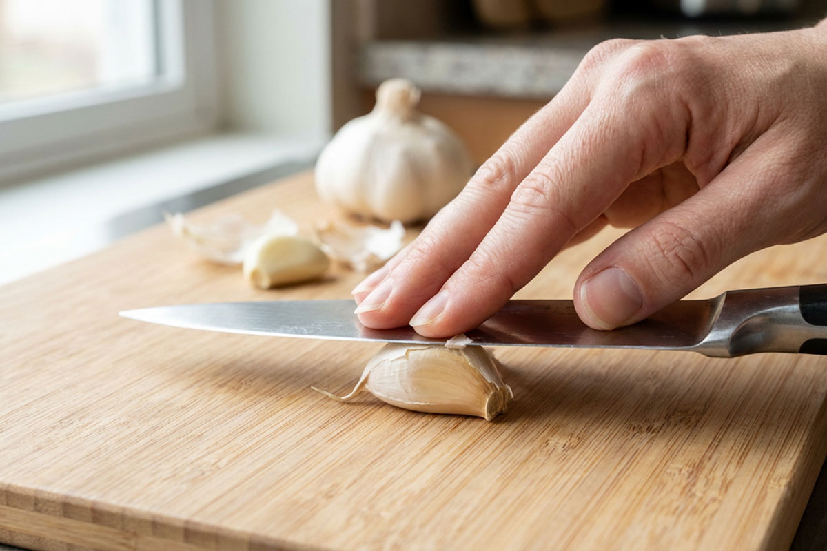 gros plan sur une gousse d’ail placée sous le côté plat d’un couteau, avec une main appuyant doucement sur la lame au-dessus d’une planche en bois.