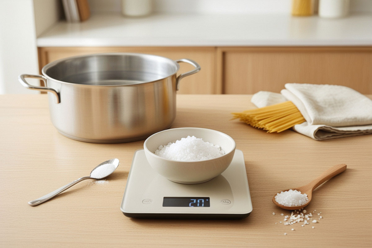 gros sel mesuré dans une petite cuillère à côté d’une casserole contenant plusieurs litres d’eau, avec une balance de cuisine affichant environ 20 grammes.