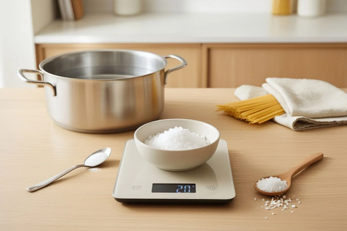 gros sel mesuré dans une petite cuillère à côté d’une casserole contenant plusieurs litres d’eau, avec une balance de cuisine affichant environ 20 grammes.