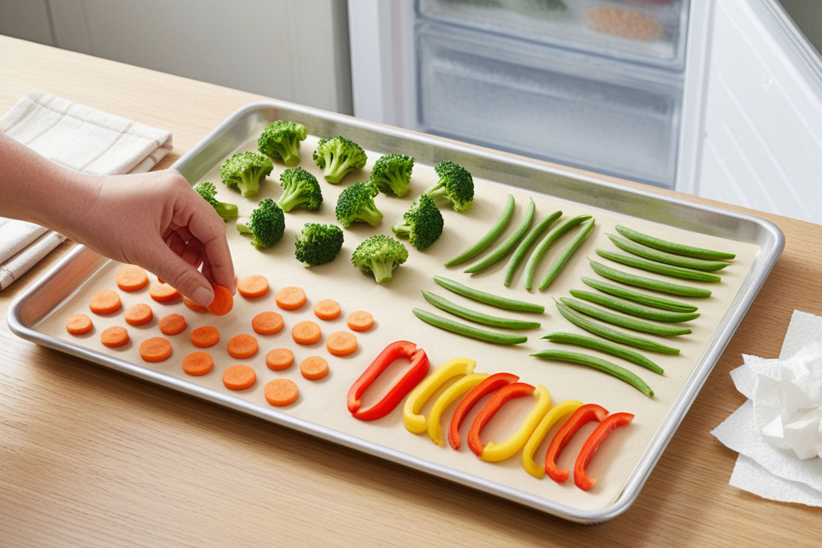 légumes blanchis et parfaitement secs disposés en une seule couche sans se chevaucher sur une plaque recouverte de papier cuisson avant la précongélation