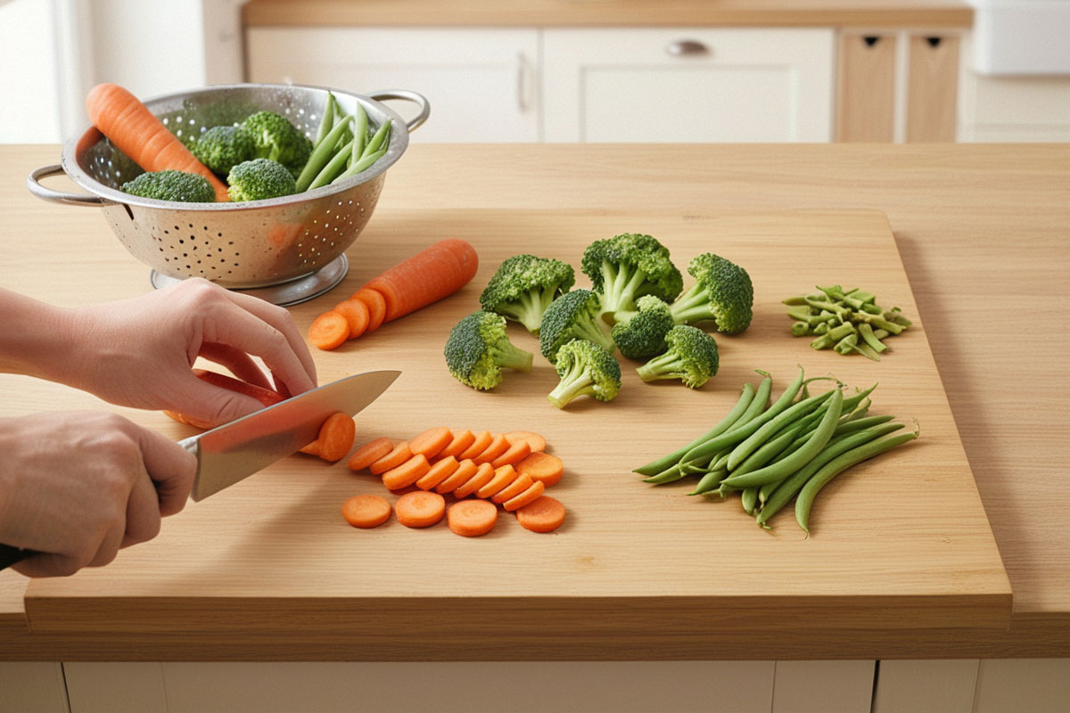 légumes fraîchement lavés et découpés en portions régulières sur une grande planche, avec carottes en rondelles, bouquets de brocoli et haricots verts équeutés