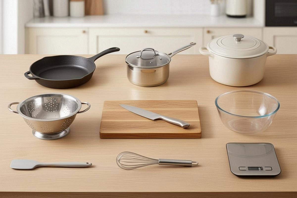 les dix ustensiles essentiels disposés proprement sur un plan de travail en bois clair : couteau, planche, poêle, casserole, faitout, passoire, saladier, spatule, fouet et balance