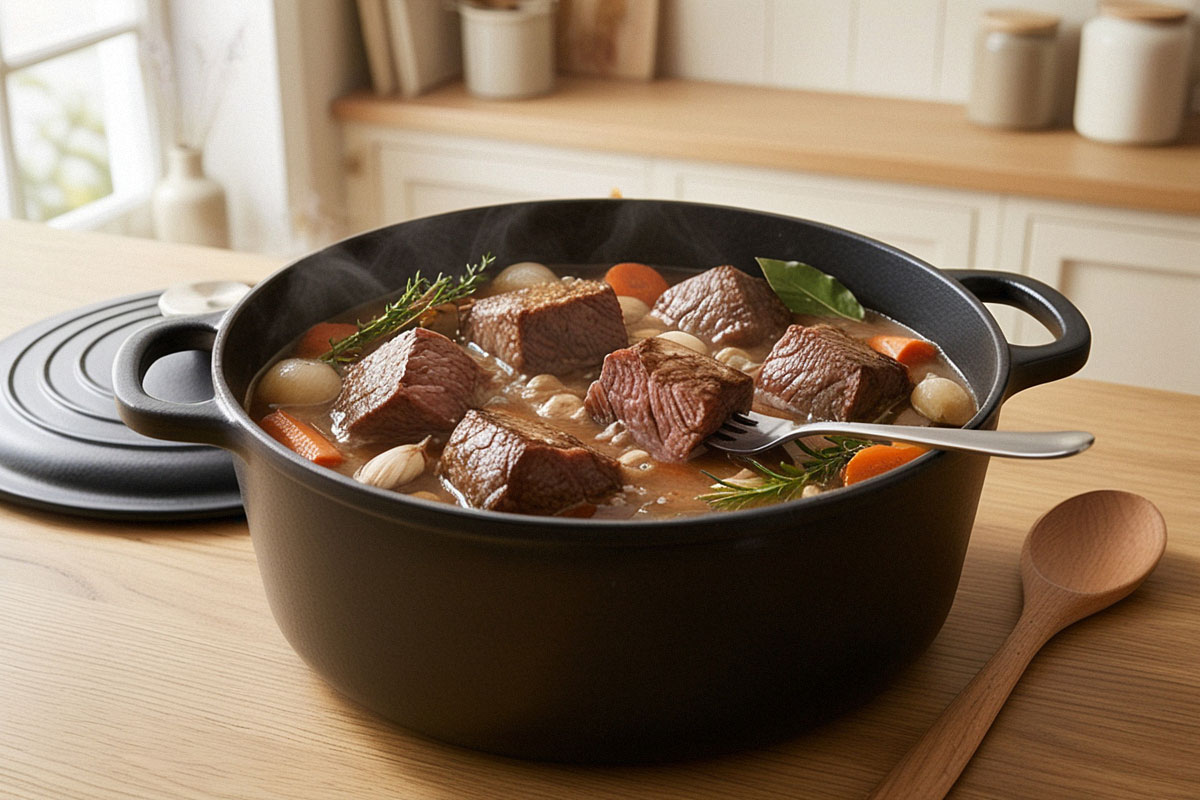 morceaux de bœuf mijotant doucement dans une cocotte avec du bouillon, des carottes, des oignons et des herbes, dans une cuisine chaleureuse.