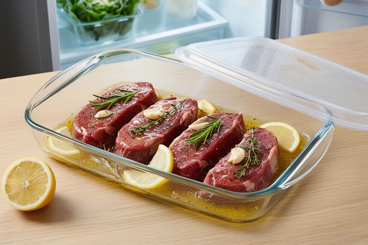morceaux de viande plongés dans une marinade à base d’huile d’olive, de citron, d’ail et d’herbes fraîches dans un plat en verre placé au réfrigérateur.