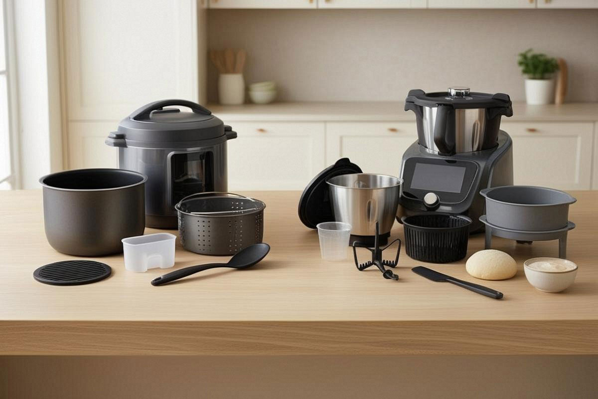 multicuiseur avec sa cuve et son panier vapeur d’un côté, robot cuiseur avec bol, fouet, spatule et panier vapeur de l’autre, sans prix ni texte