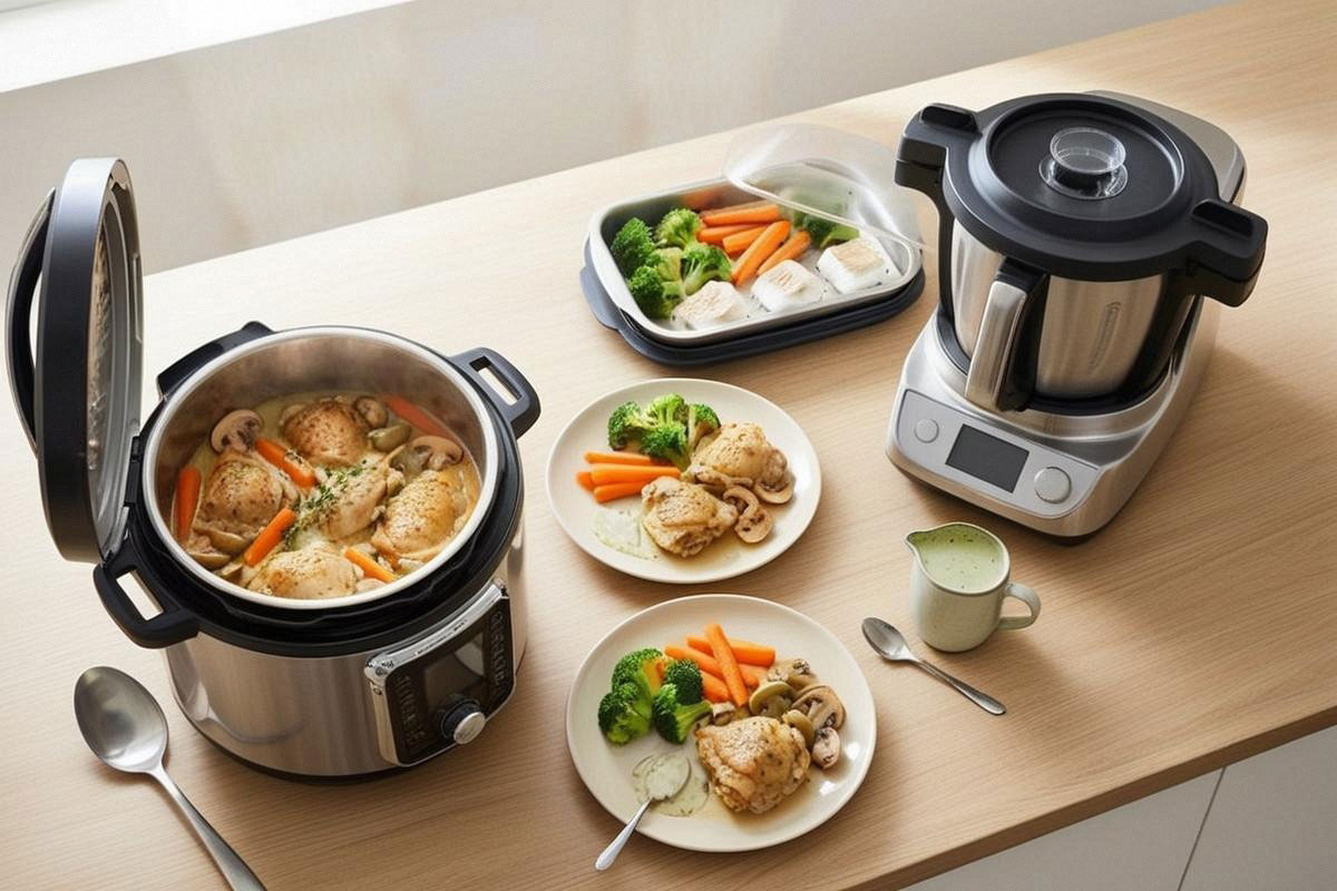multicuiseur préparant un plat principal pendant qu’un robot cuiseur réalise simultanément une sauce crémeuse ou un accompagnement