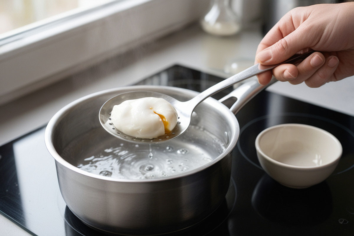 œuf poché parfaitement formé retiré d’une casserole d’eau frémissante à l’aide d’une écumoire, avec un jaune encore coulant