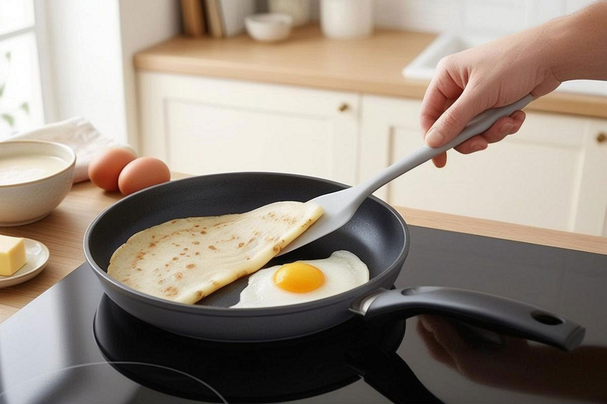 œufs au plat et crêpe cuisant dans une poêle antiadhésive propre, avec une spatule en silicone ou en bois