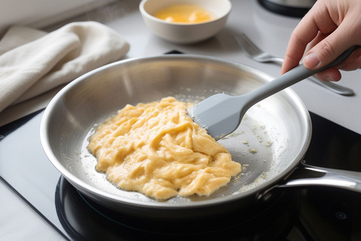 œufs brouillés crémeux cuits doucement dans une poêle, remués avec une spatule souple et présentant une texture brillante et moelleuse.