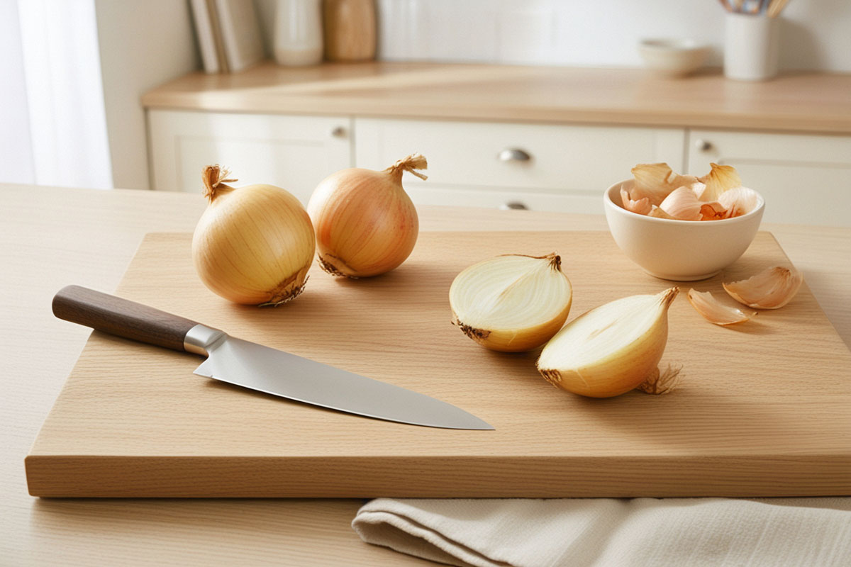 oignons jaunes entiers et coupés en deux, couteau de chef bien aiguisé et planche en bois clair disposés dans une cuisine lumineuse.