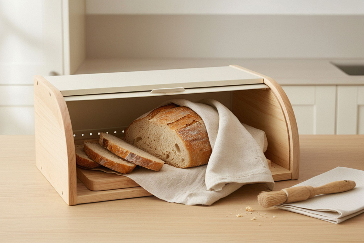 pain de campagne partiellement tranché placé dans une boîte à pain propre et ventilée, enveloppé dans un torchon en lin sec.