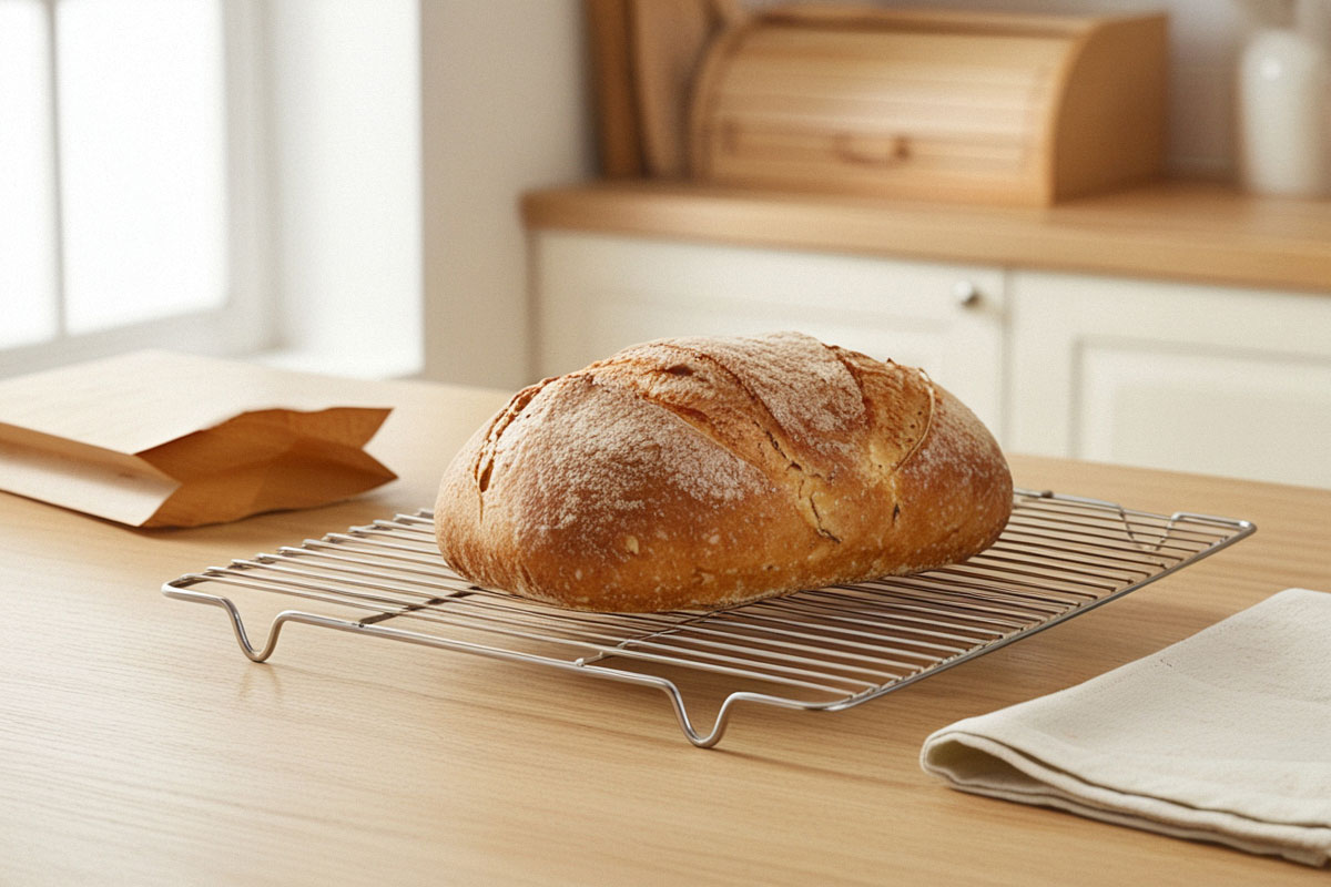 pain maison entier refroidissant sur une grille métallique, avec une croûte dorée et aucune condensation, dans une cuisine lumineuse