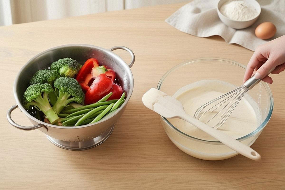 passoire en inox, grand saladier en verre, spatule en silicone et fouet manuel disposés autour de légumes lavés et d’une pâte en cours de préparation