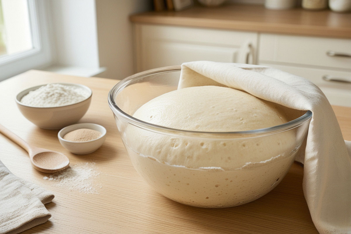pâte levée bien gonflée dans un grand saladier en verre, posée sur un plan de travail en bois clair avec de la farine, de la levure et un torchon propre.