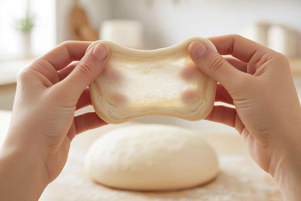 pâte souple étirée entre les doigts formant une fine membrane translucide, montrant que le pétrissage est terminé.