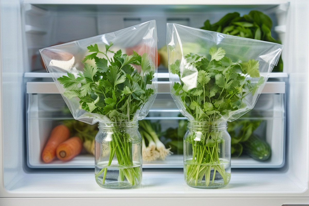 persil et coriandre très frais placés debout dans deux bocaux en verre contenant un peu d’eau, avec des sacs transparents posés sans être fermés autour des bouquets.