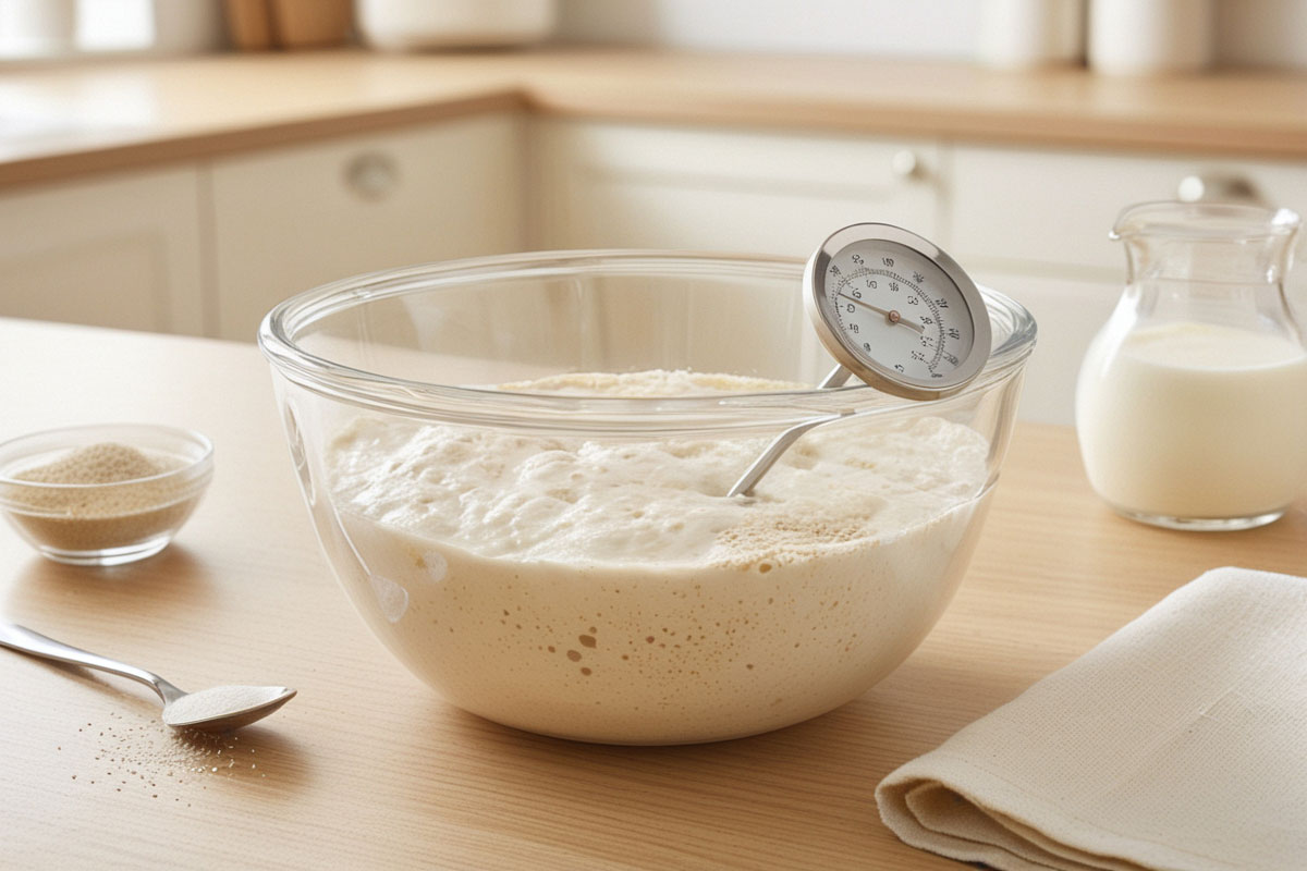 petit bol de levure boulangère activée dans du lait tiède, avec une légère mousse en surface, accompagné d’un thermomètre de cuisine indiquant une température douce.