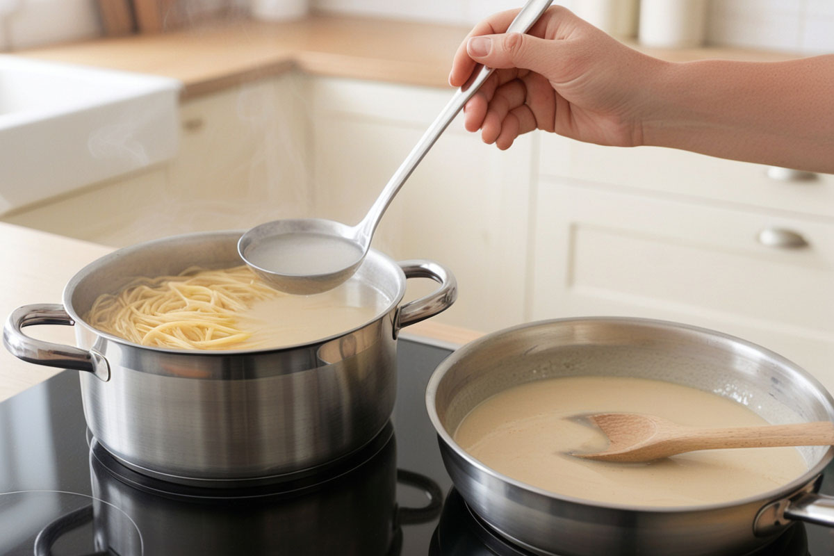 petite louche prélevant une eau de cuisson légèrement trouble dans une casserole de pâtes, avec une poêle de sauce crémeuse placée juste à côté.