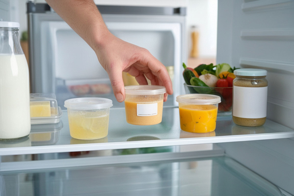 petites portions d’œufs congelés transférées du congélateur au réfrigérateur dans leurs contenants fermés pour une décongélation lente et sûre