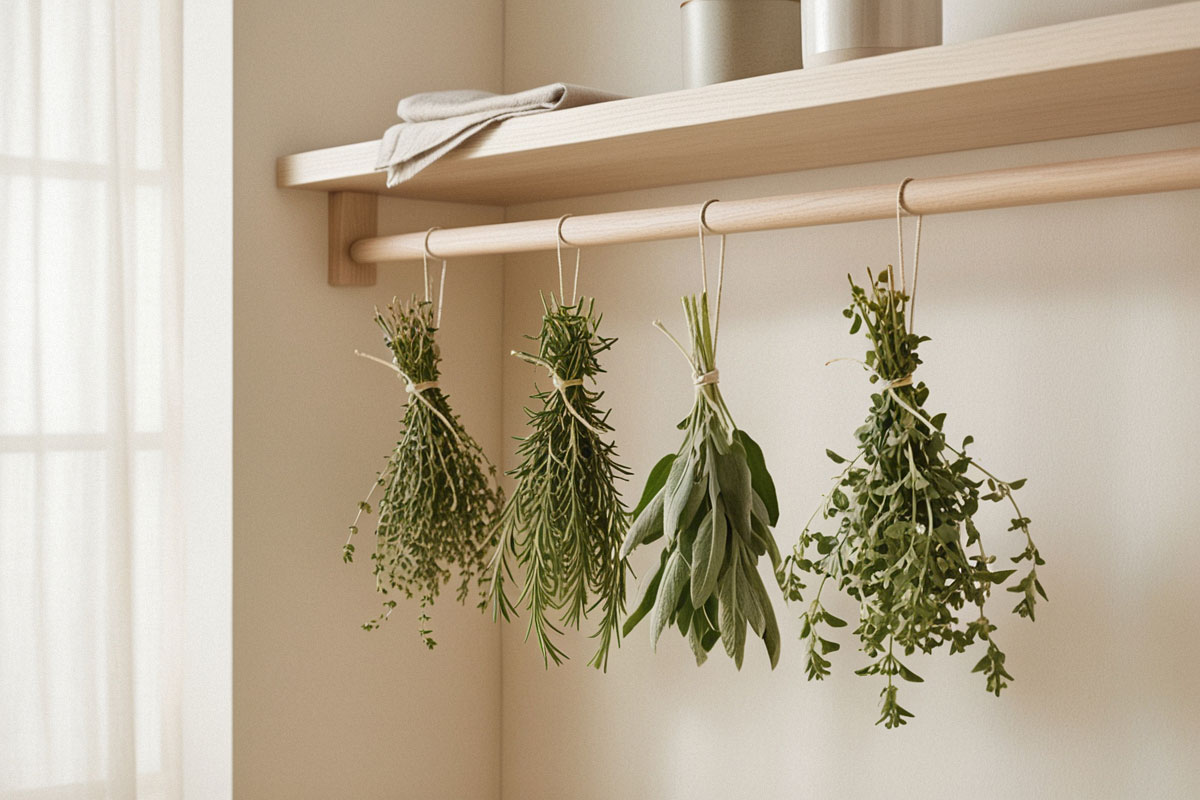 petits bouquets de thym, romarin, sauge et origan suspendus tête en bas dans une cuisine rustique, sèche et lumineuse.