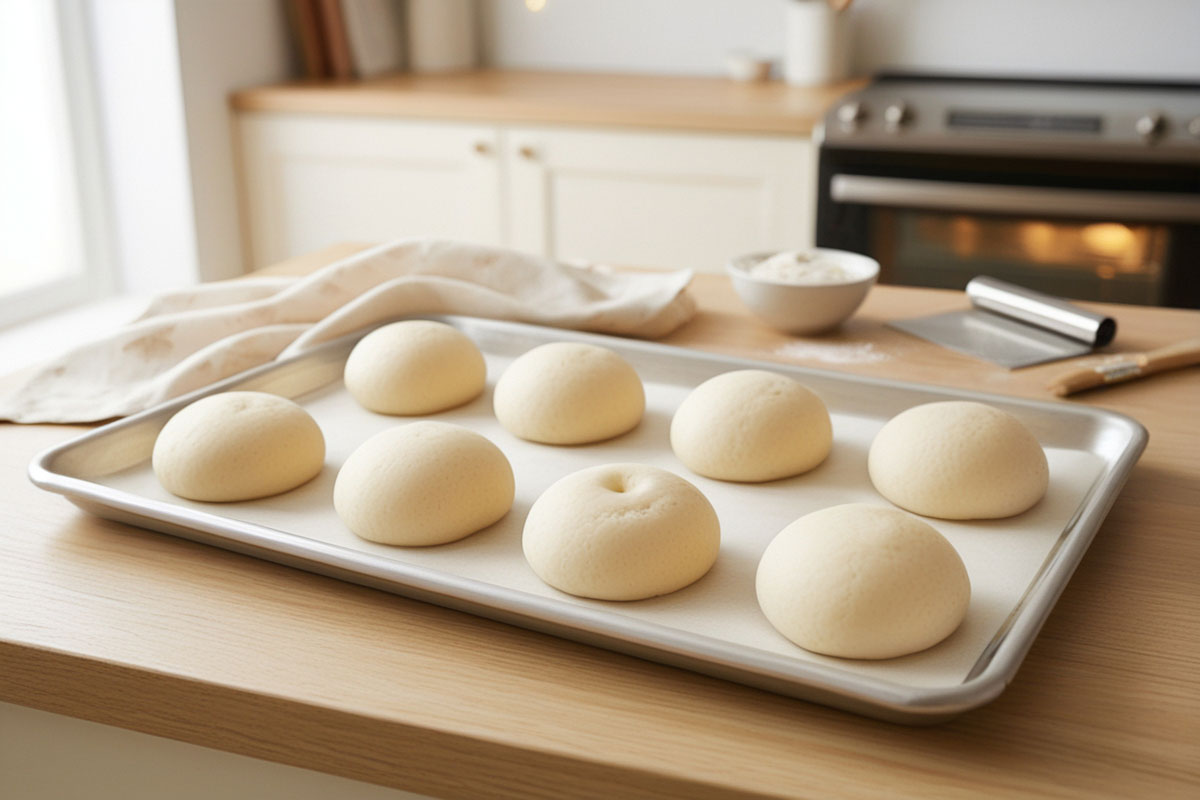 petits pains façonnés et bien gonflés sur une plaque de cuisson, couverts partiellement d’un torchon léger pendant la deuxième levée.