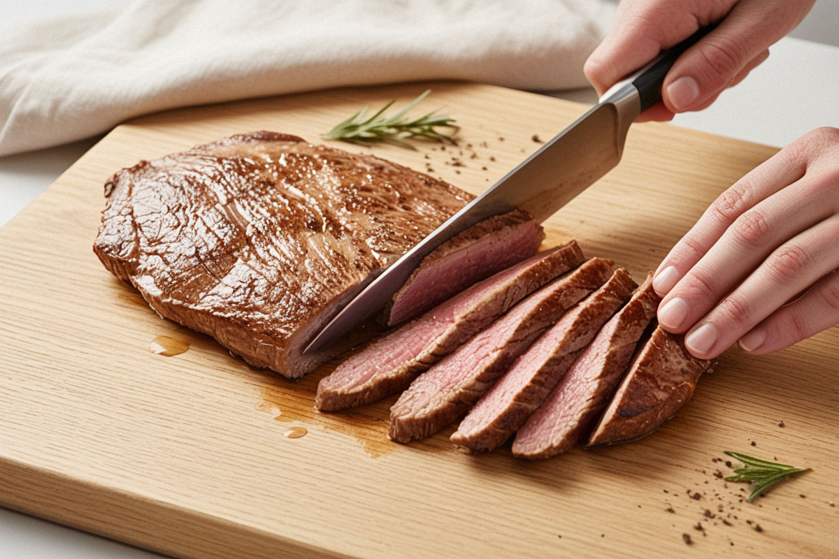 pièce de bœuf cuite reposant sur une planche, tranchée finement perpendiculairement aux fibres avec un couteau bien aiguisé.