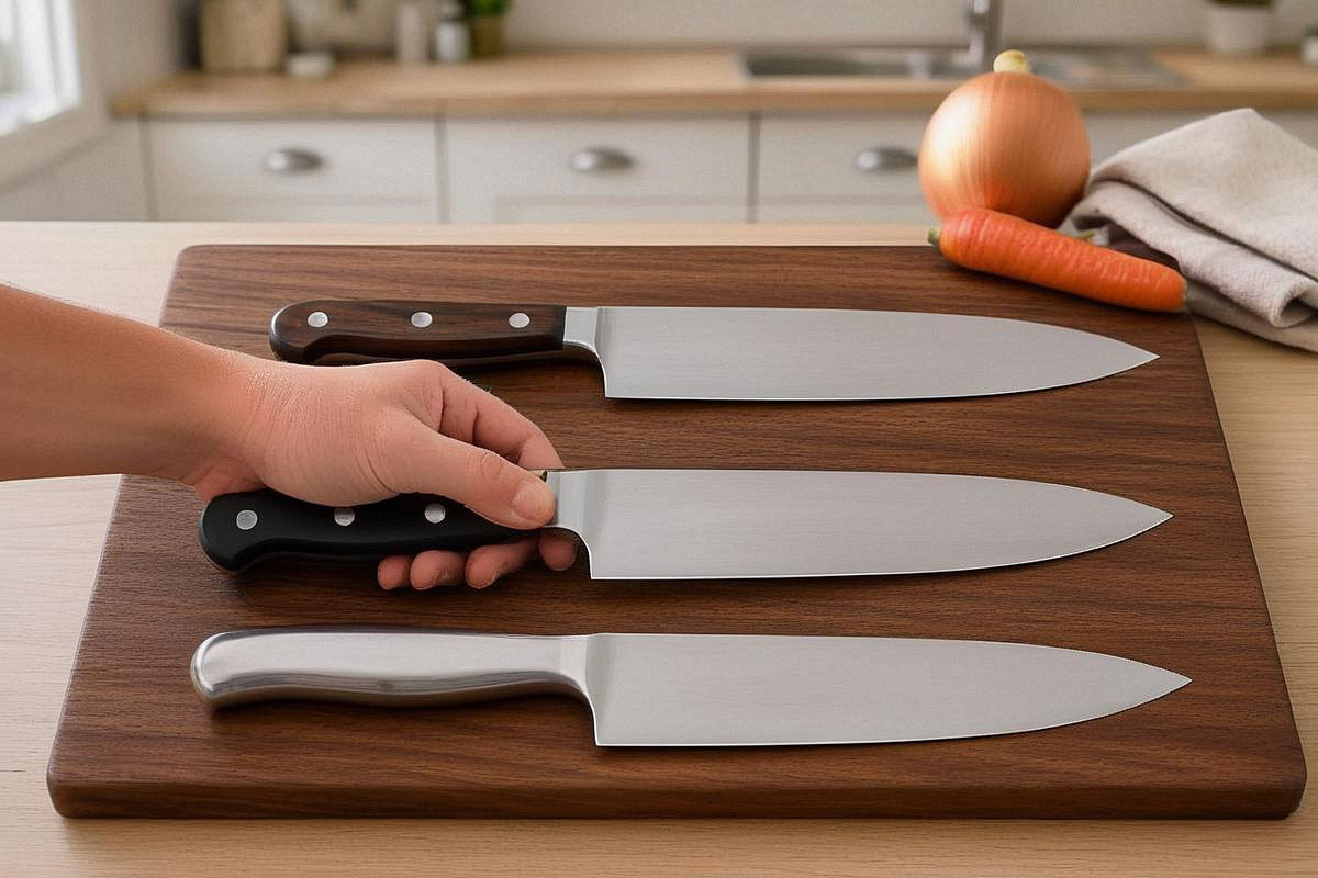 plusieurs manches de couteaux en bois, composite et métal tenus successivement dans une main pour comparer l’ergonomie et la prise en main