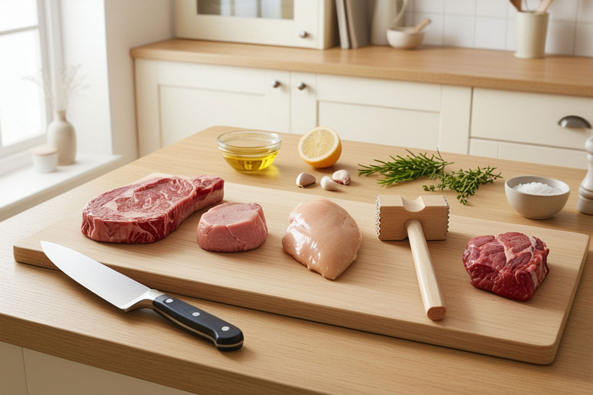 plusieurs morceaux de viande crue adaptés à différentes cuissons, accompagnés d’herbes fraîches, d’ail, d’huile d’olive et d’un maillet de cuisine sur un plan de travail en bois clair.