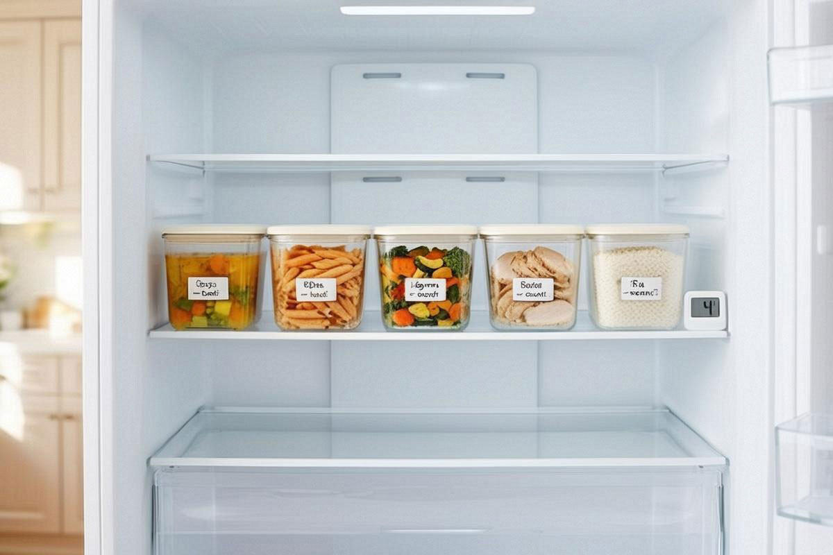 plusieurs restes de repas dans des boîtes transparentes peu profondes, avec soupe, pâtes, légumes, poulet et riz, rangés dans un réfrigérateur propre.