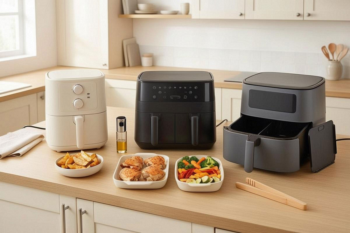 plusieurs types d’Air Fryers alignés sur un plan de travail clair : modèle compact à panier unique, appareil familial à double tiroir et grand modèle à zone modulable