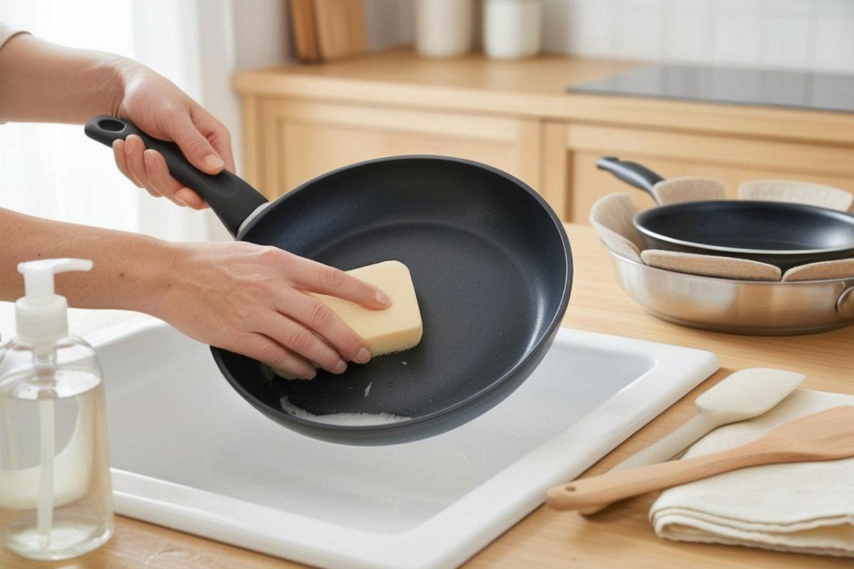 poêle antiadhésive nettoyée avec une éponge douce, accompagnée d’une spatule en silicone et d’un protège-poêle en feutre